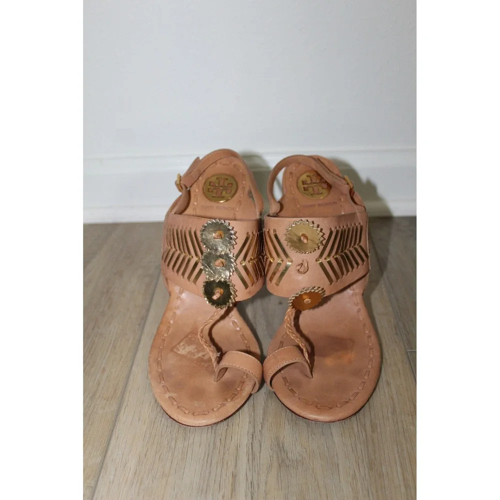 Tory Burch Tan Leather Gold Medallion Thong Slingback Stiletto Heels Size 9M